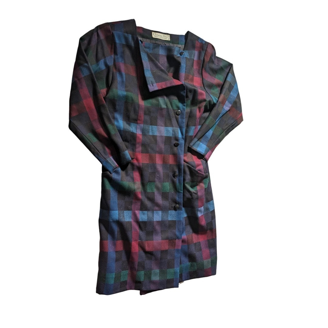 Christian Dior Tricots Et Coordonnes Vintage 80s Coat Dress Plaid Women's Size M